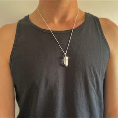 Mens Chunky 925 Sterling Silver Longer Length Raw Crystal Pendant Necklace - Necklaces - British D'sire