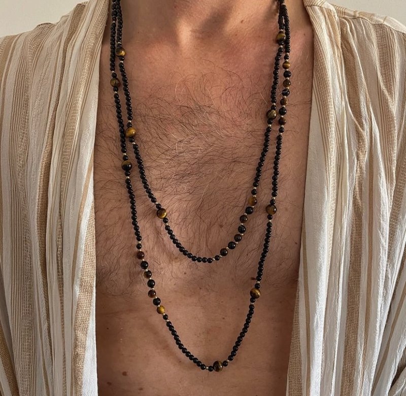 Mens Extra Long Length Tigers Eye and Black Onyx Necklace - Necklaces - British D'sire