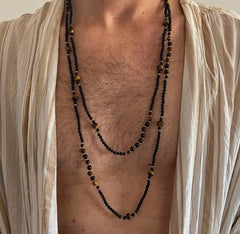 Mens Extra Long Length Tigers Eye and Black Onyx Necklace - Necklaces - British D'sire