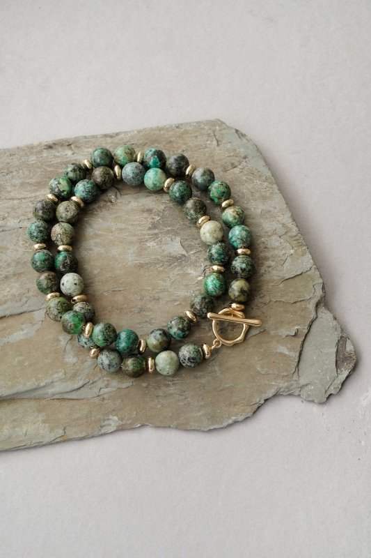 Mens Gold Tone African Turquoise Double Wrap Crystal Bracelet - Bracelets - British D'sire Main image