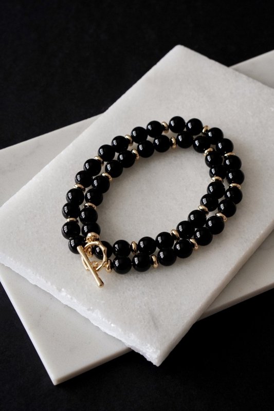 Mens Gold Tone Black Onyx Double Wrap Crystal Bracelet - Necklaces - British D'sire Main image