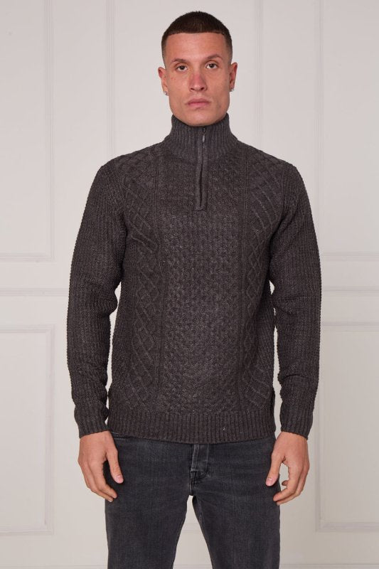 Men’s Half Zip Cable Knit Textured Jumper - Jumper - British D'sire Main image