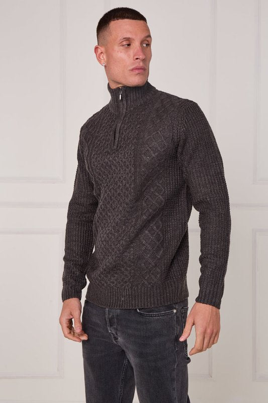 Men’s Half Zip Cable Knit Textured Jumper - Jumper - British D'sire