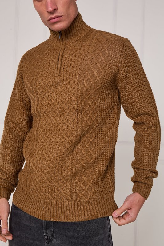 Men’s Half Zip Cable Knit Textured Jumper - Jumper - British D'sire