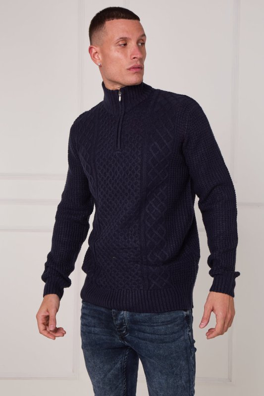 Men’s Half Zip Cable Knit Textured Jumper - Jumper - British D'sire