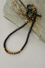 Mens Long Length Tigers Eye and Black Onyx Brass Necklace - Necklaces - British D'sire