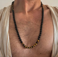 Mens Long Length Tigers Eye and Black Onyx Brass Necklace - Necklaces - British D'sire