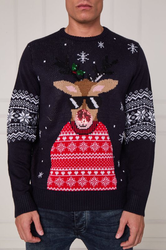 Men’s Novelty Reindeer Christmas Jumper – Navy - Jumper - British D'sire