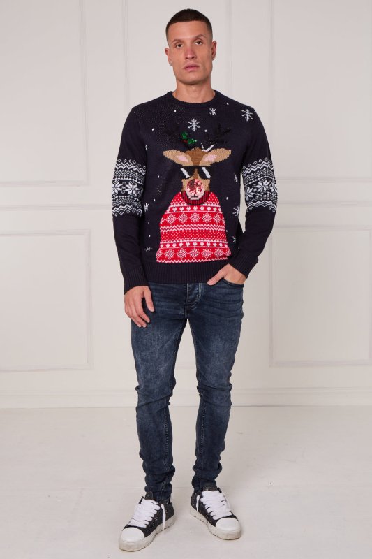 Men’s Novelty Reindeer Christmas Jumper – Navy - Jumper - British D'sire
