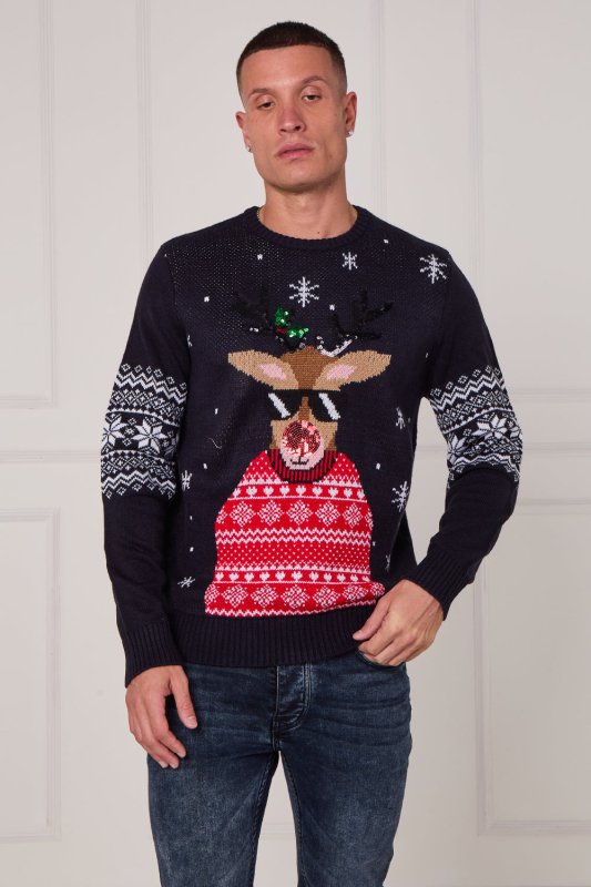 Men’s Novelty Reindeer Christmas Jumper – Navy - Jumper - British D'sire