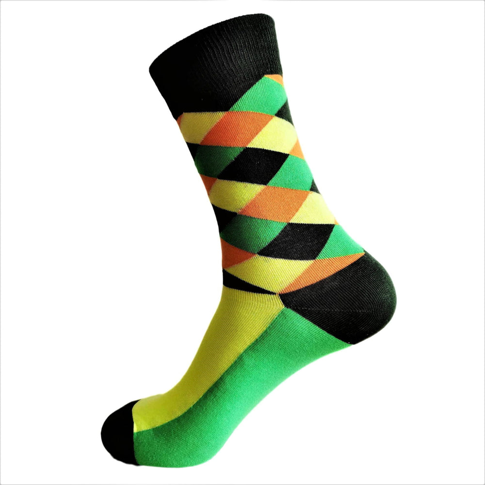 Colorful argyle sock with black, green, yellow, and orange pattern on a white background