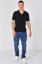 Men's Textured Knitted Button-Through Polo Shirt - British D'sire