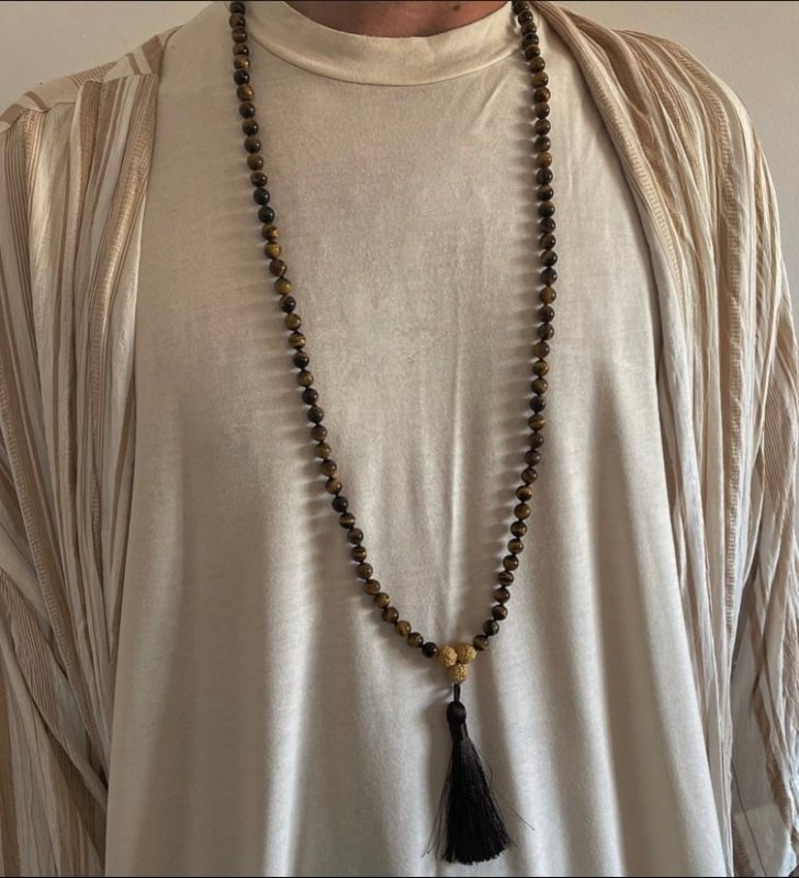 Mens Tigers Eye 108 Mala Bead Prayer Necklace with Tassel - Necklaces - British D'sire