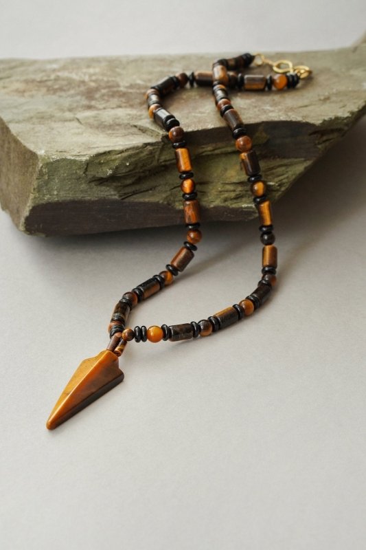 Mens Tigers Eye Arrow Head Crystal Pendant Necklace - Necklaces - British D'sire Main image