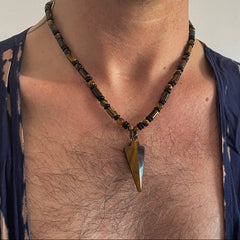 Mens Tigers Eye Arrow Head Crystal Pendant Necklace - Necklaces - British D'sire