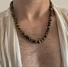 Mens Tigers Eye Chunky Statement Crystal and Brass Necklace - Necklaces - British D'sire