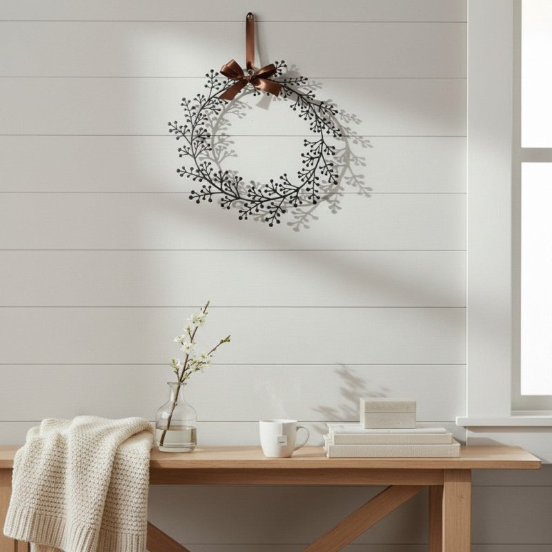 Metal Hanging Wreath with Ribbon Bow Brown Secondary image