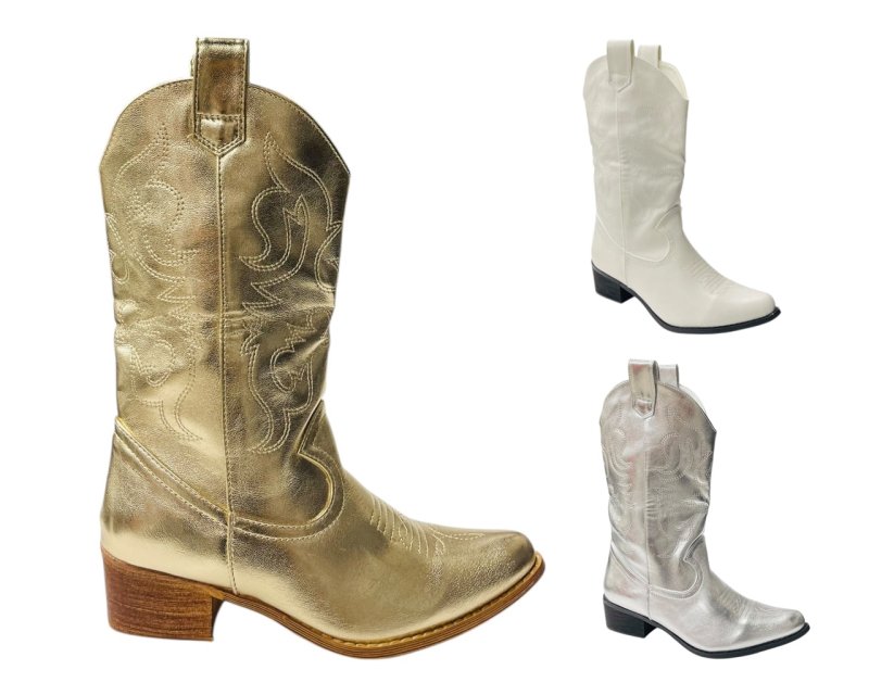 Mid Calf Embroidered Faux Patent Leather Cowboy Boots - Boots - British D'sire Main image