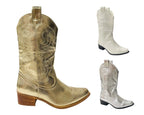 Mid Calf Embroidered Faux Patent Leather Cowboy Boots - Boots - British D'sire
