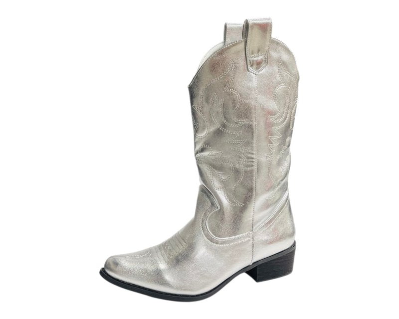 Mid Calf Embroidered Faux Patent Leather Cowboy Boots - Boots - British D'sire