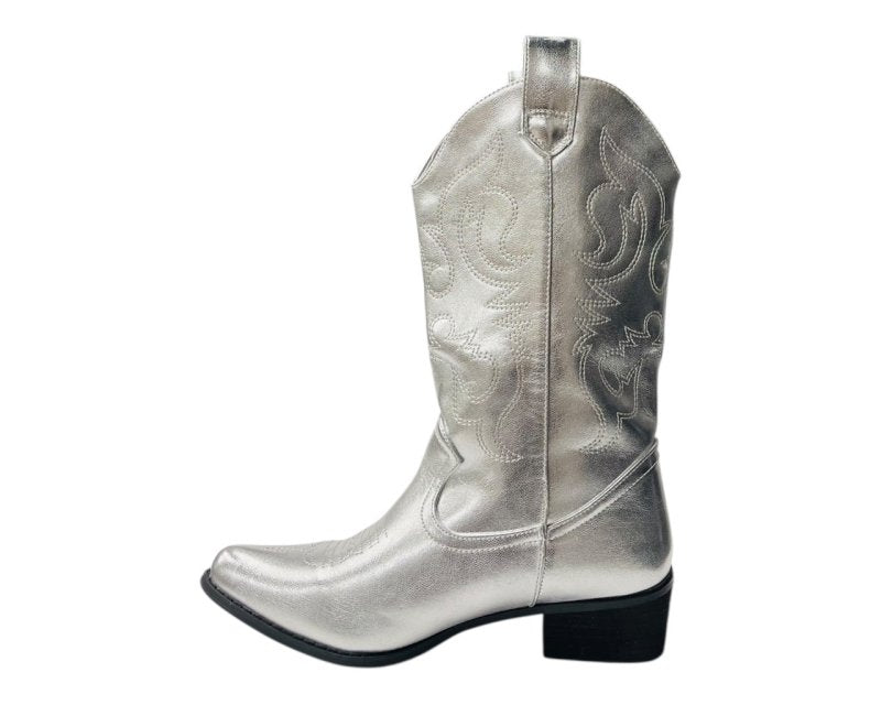 Mid Calf Embroidered Faux Patent Leather Cowboy Boots - Boots - British D'sire
