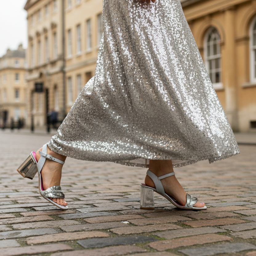 Silver mirrored block heel sandal by Mimi | Comes with gentle feather-front and intricate ankle strap Secondary image