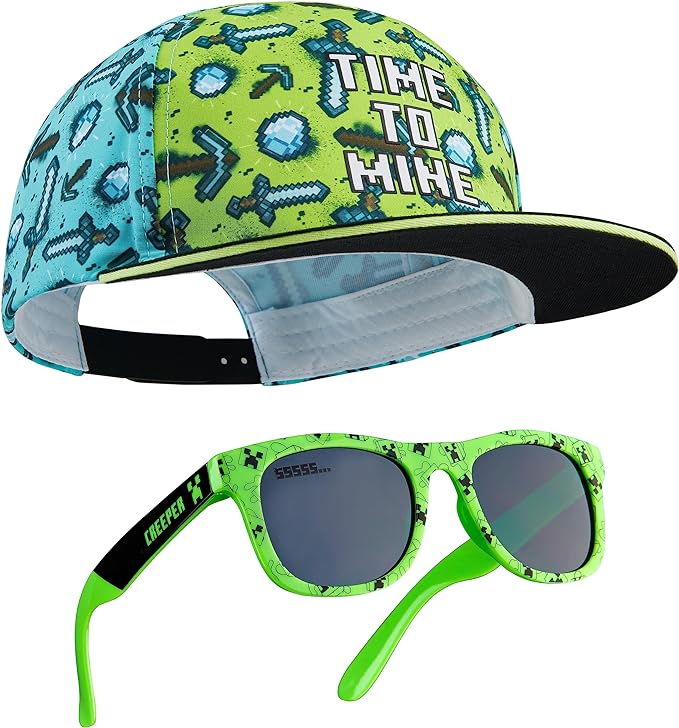Minecraft Baseball Cap and Kids Sunglasses Set, Creeper Adjustable Boys Hat 100% UV Protection Kids Sunglasses Boys Holiday Accessories Gamer Gifts - British D'sire Main image