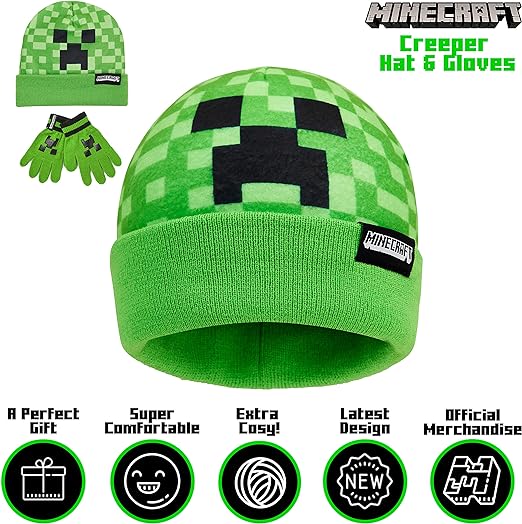 Minecraft Beanie Hat or Beanie and Kids Gloves Set - Creeper Kids Winter Set Warm Winter Hat - Gaming Gifts for Boys Green - Kids Beanie & Hat - British D'sire