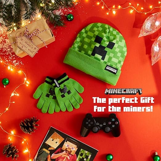 Minecraft Beanie Hat or Beanie and Kids Gloves Set - Creeper Kids Winter Set Warm Winter Hat - Gaming Gifts for Boys Green - Kids Beanie & Hat - British D'sire