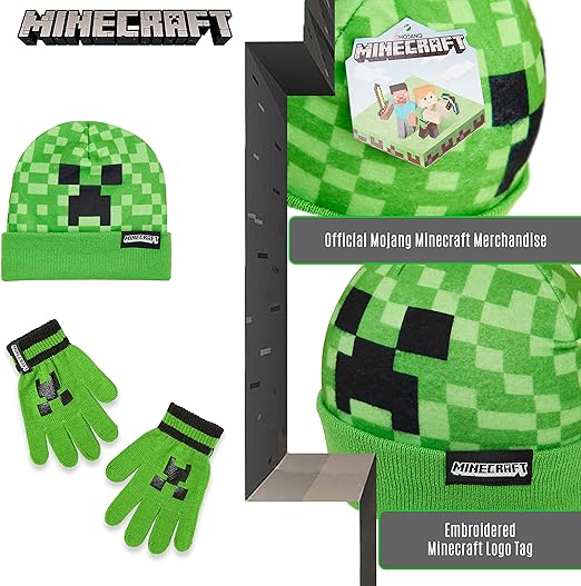 Minecraft Beanie Hat or Beanie and Kids Gloves Set - Creeper Kids Winter Set Warm Winter Hat - Gaming Gifts for Boys Green - Kids Beanie & Hat - British D'sire