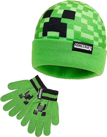 Minecraft Beanie Hat or Beanie and Kids Gloves Set - Creeper Kids Winter Set Warm Winter Hat - Gaming Gifts for Boys Green - Kids Beanie & Hat - British D'sire