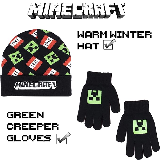 Minecraft - Hat & Gloves Set, Ages 6 - 12 - Cold Weather Accessories - Knitted Gloves Kids - for Children - Official Merchandise - Ideal Fanatics - British D'sire