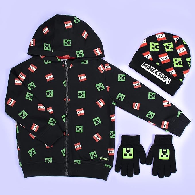 Minecraft - Hat & Gloves Set, Ages 6 - 12 - Cold Weather Accessories - Knitted Gloves Kids - for Children - Official Merchandise - Ideal Fanatics - British D'sire