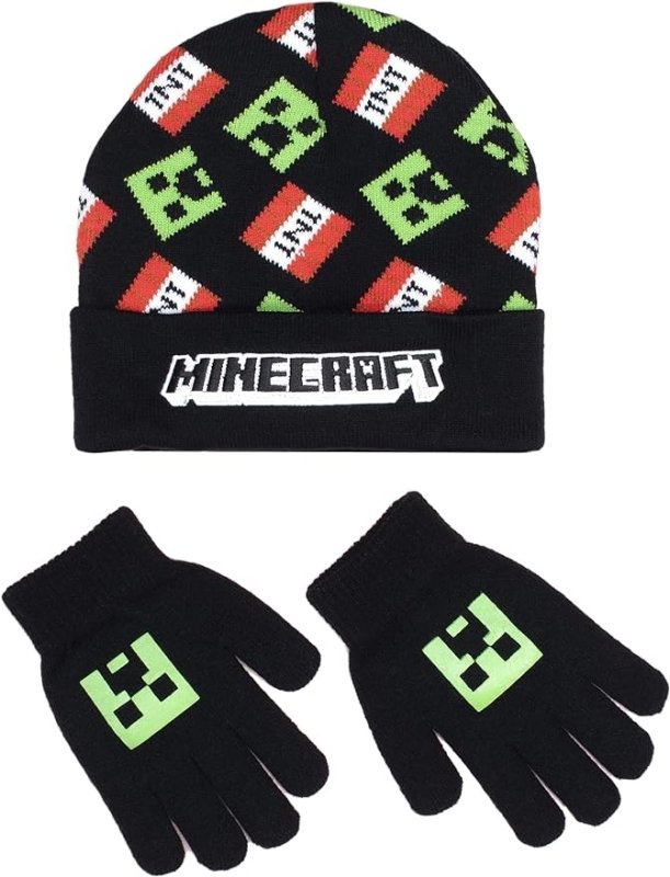 Minecraft - Hat & Gloves Set, Ages 6 - 12 - Cold Weather Accessories - Knitted Gloves Kids - for Children - Official Merchandise - Ideal Fanatics - British D'sire