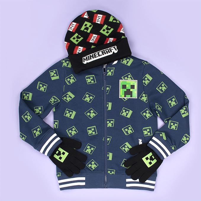 Minecraft - Hat & Gloves Set, Ages 6 - 12 - Cold Weather Accessories - Knitted Gloves Kids - for Children - Official Merchandise - Ideal Fanatics - British D'sire Main image