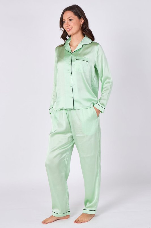 Mint Green Satin Pyjama Set – Luxury Long Sleeve Ladies PJ Set - British D'sire