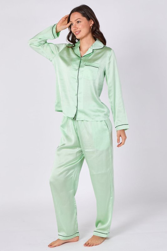 Mint Green Satin Pyjama Set – Luxury Long Sleeve Ladies PJ Set Secondary image