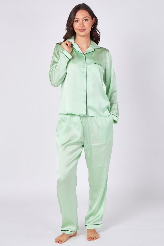 Mint Green Satin Pyjama Set – Luxury Long Sleeve Ladies PJ Set - British D'sire
