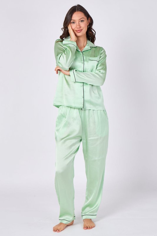Mint Green Satin Pyjama Set – Luxury Long Sleeve Ladies PJ Set - British D'sire