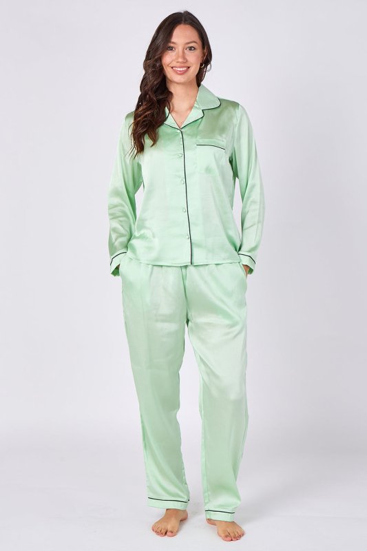 Mint Green Satin Pyjama Set – Luxury Long Sleeve Ladies PJ Set - British D'sire