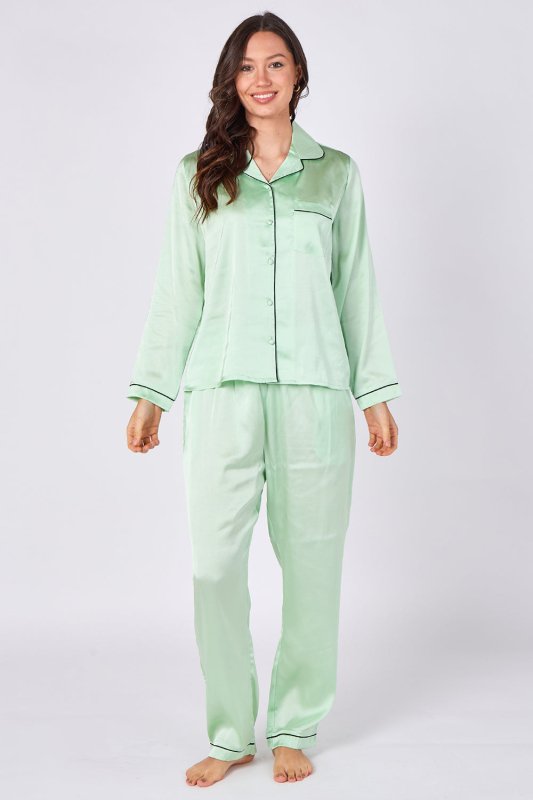 Mint Green Satin Pyjama Set – Luxury Long Sleeve Ladies PJ Set - British D'sire