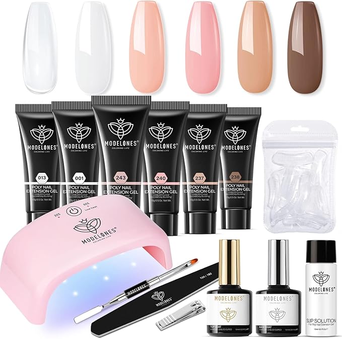 Modelones Poly Nail Gel Kit with 20W Nail Lamp, 6 Colors Poly Nail Extension Gel Kit Glitter Pink Red Builder Nail Gel Nail Strengthen Base Top Coat Set Nail Forms for Nail Art DIY at Home - British D'sire