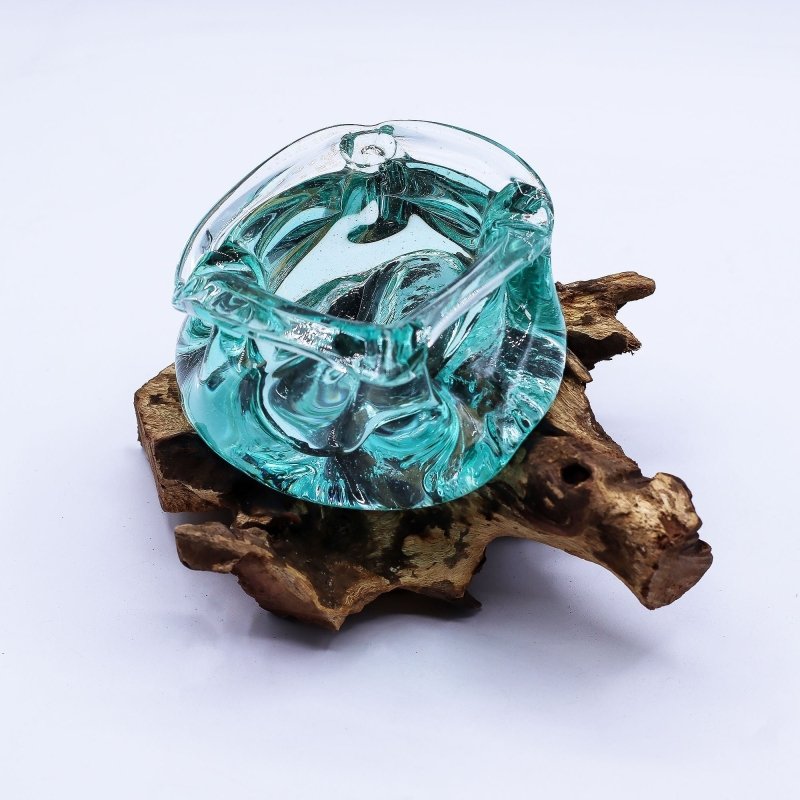 Molten Glass Chunky Ashtray / Candle Holder On Wood 23cm - Glass Decor - British D'sire