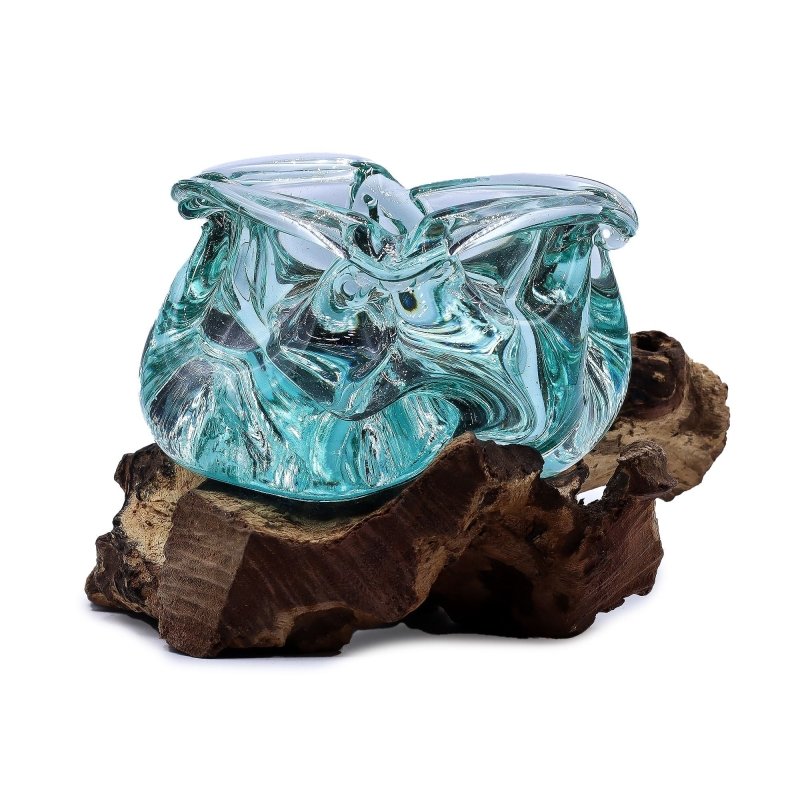 Molten Glass Chunky Ashtray / Candle Holder On Wood 23cm - Glass Decor - British D'sire