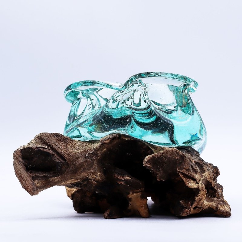 Molten Glass Chunky Ashtray / Candle Holder On Wood 23cm - Glass Decor - British D'sire