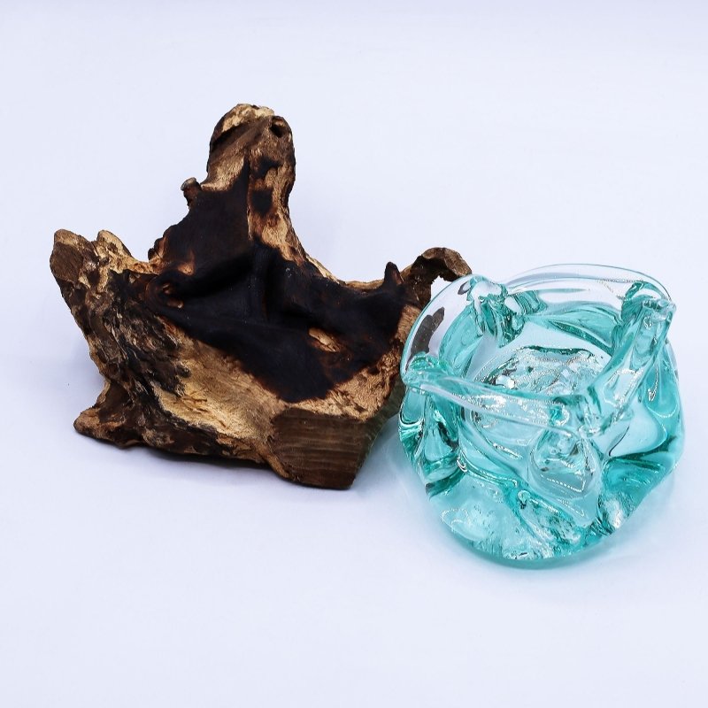 Molten Glass Chunky Ashtray / Candle Holder On Wood 23cm - Glass Decor - British D'sire