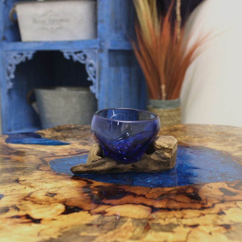 Molton Glass Mini Blue Bowl On Wood - Glass Decor - British D'sire