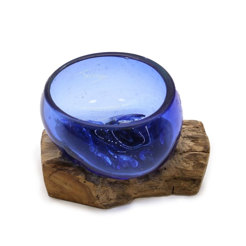 Molton Glass Mini Blue Bowl On Wood - Glass Decor - British D'sire