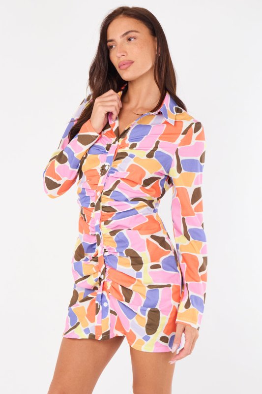Multicolour Ruched Shirt Dress – Long Sleeve Button Front - British D'sire