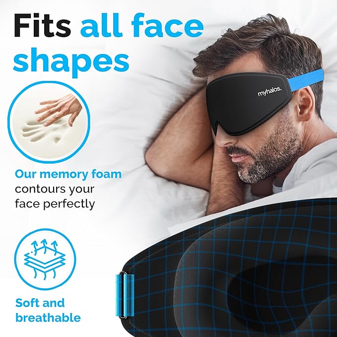 MyHalos 100% Blackout Sleep Masks for Women & Men - Zero Eye Pressure Eye Mask for Sleeping - Our Halo Sleep Mask Includes a Storage Pouch - Black Eye Mask for Travel or Blindfold - Sleep Masks - British D'sire